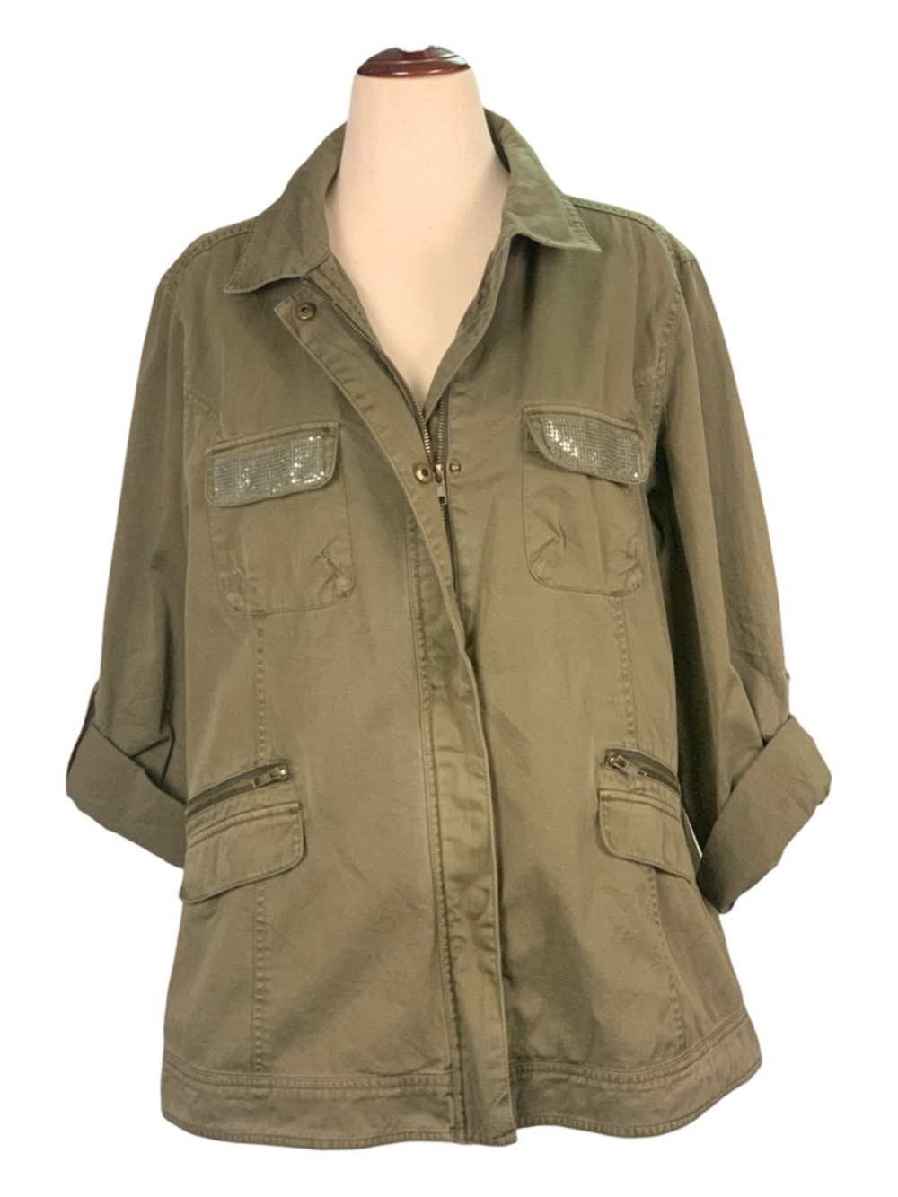 Torrid Green Cotton Utility Jacket Zip Front Embellished Pocket Flaps Size 14-16